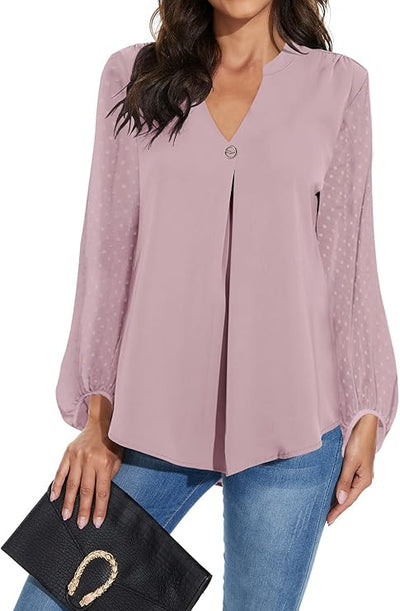 Magritta Women V Neck Long Sleeve Shirt Plain