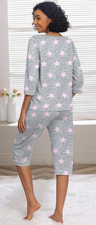 PrinStory Womens Pyjamas Set Casual 3/4 Short T-Shirt And Pyjama Short With Pockets Breathable Nightwear Pjs Sets Summer Loungewear Sets Sleepwear