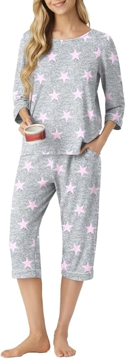 PrinStory Womens Pyjamas Set Casual 3/4 Short T-Shirt And Pyjama Short With Pockets Breathable Nightwear Pjs Sets Summer Loungewear Sets Sleepwear