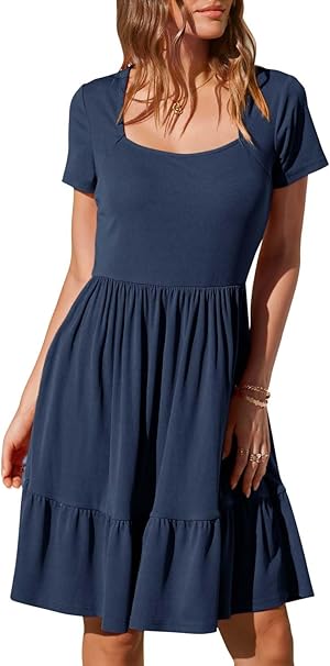 Newshows Summer Dresses for Women UK Square Neck Ladies Short Sleeve Knee Length Sundress with Pockets