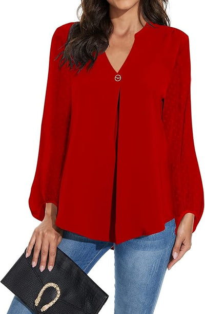 Magritta Women V Neck Long Sleeve Shirt Plain