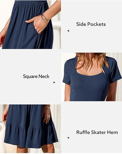 Newshows Summer Dresses for Women UK Square Neck Ladies Short Sleeve Knee Length Sundress with Pockets