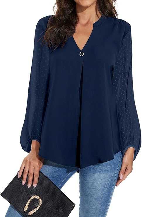 Magritta Women V Neck Long Sleeve Shirt Plain