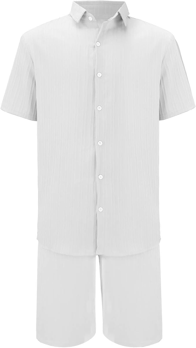 Men Summer Casual Short Sets Hawaiian Solid Short Sleeve Button Down Shirt Short image 2