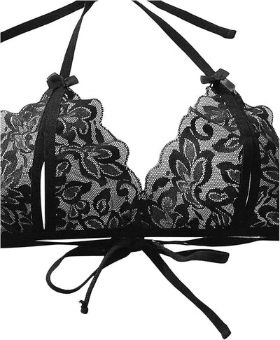 GORGLITTER Women's Lace Halter Bralette and Crotchless Thong Bra and Panty 2 Pie image 3