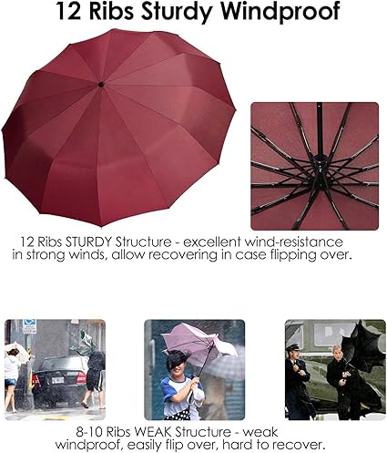 JIGUOOR 12 Ribs Folding Umbrella Windproof Compact Travel,Auto Open/Close Large Rain Umbrellas w/Polyester Coating, Ergonomic Handle FREE Leather Case