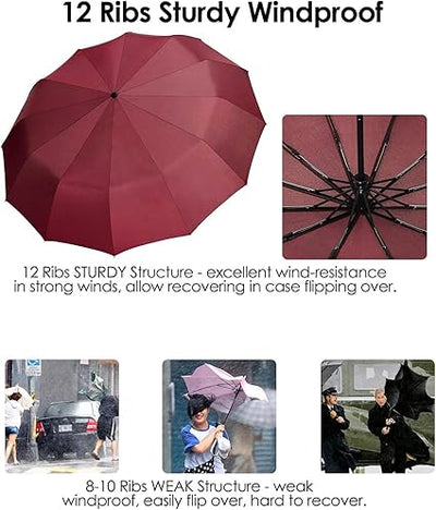 JIGUOOR 12 Ribs Folding Umbrella Windproof Compact Travel,Auto Open/Close Large Rain Umbrellas w/Polyester Coating, Ergonomic Handle FREE Leather Case
