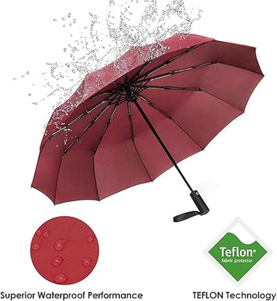 JIGUOOR 12 Ribs Folding Umbrella Windproof Compact Travel,Auto Open/Close Large Rain Umbrellas w/Polyester Coating, Ergonomic Handle FREE Leather Case