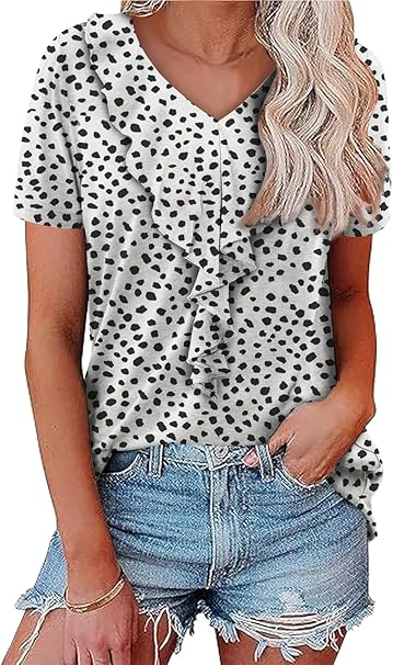 KISSMODA Womens Summer Tops Ruffle Short Sleeve V Neck Blouses Casual Dressy Solid Shirts for Ladies