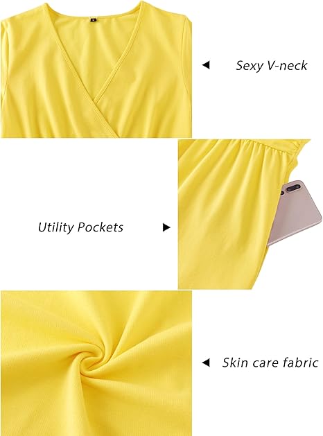 Newshows Women's Summer Short Sleeve Dresses V Neck Floral Print/Solid Faux Wrap Dress Casual Midi Sundress with Pockets