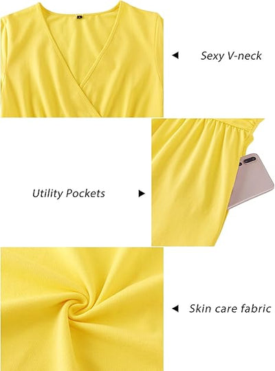 Newshows Women's Summer Short Sleeve Dresses V Neck Floral Print/Solid Faux Wrap Dress Casual Midi Sundress with Pockets