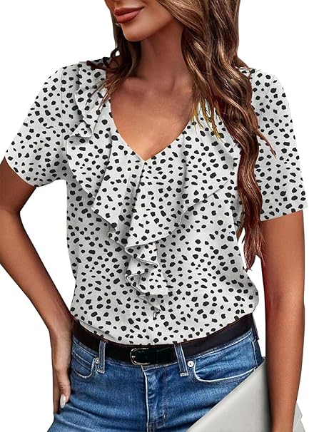KISSMODA Womens Summer Tops Ruffle Short Sleeve V Neck Blouses Casual Dressy Solid Shirts for Ladies