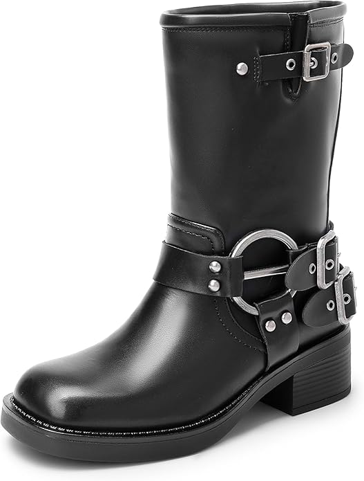 DREAM PAIRS Pull On Comfy Mid Calf Boots for Women Square Toe Waterproof Motorcycle Biker Boots with Buckles Fashion Women's Anti-slip Combat Boots with Low Chunky Heel