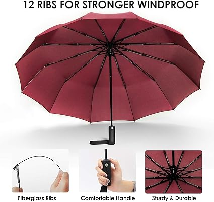 JIGUOOR 12 Ribs Folding Umbrella Windproof Compact Travel,Auto Open/Close Large Rain Umbrellas w/Polyester Coating, Ergonomic Handle FREE Leather Case