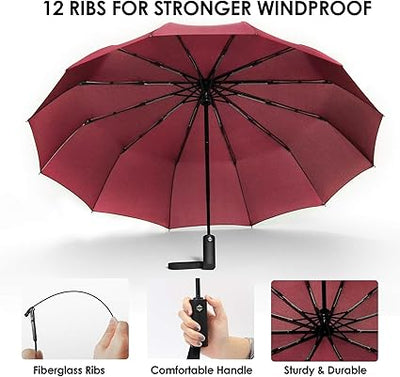 JIGUOOR 12 Ribs Folding Umbrella Windproof Compact Travel,Auto Open/Close Large Rain Umbrellas w/Polyester Coating, Ergonomic Handle FREE Leather Case