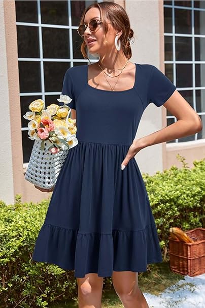 Newshows Summer Dresses for Women UK Square Neck Ladies Short Sleeve Knee Length Sundress with Pockets
