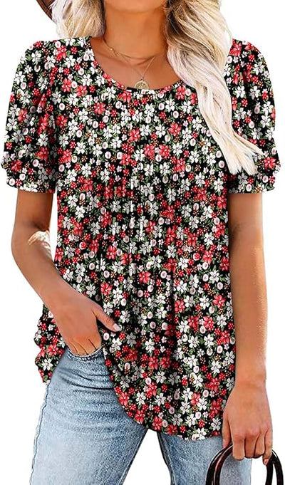 KISSMODA Summer Tunic Tops for Women Short Sleeve Blouses Trendy Casual Pleated Shirts