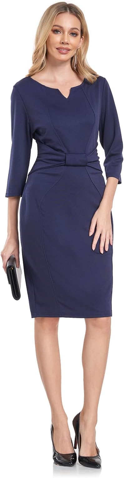 MINTLIMIT Women Sheath Dress Notch V Neck 3/4 Sleeve Bow Waist Wear to Work Penc image 3