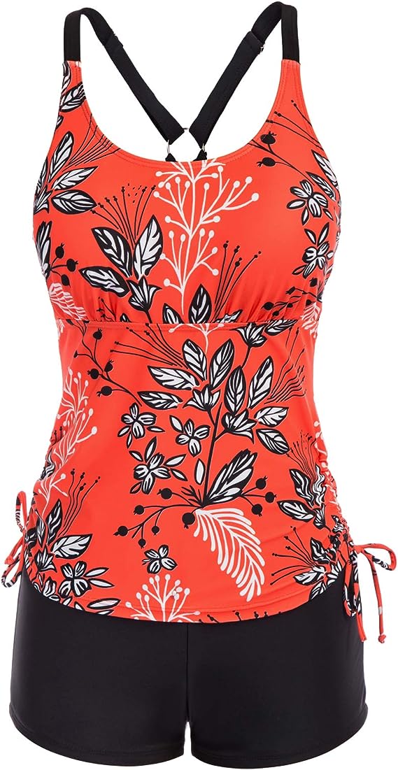 JASAMBAC Women's Strappy Tankini Swimsuits Drawstring Bathing Suits Two Piece XL image 2