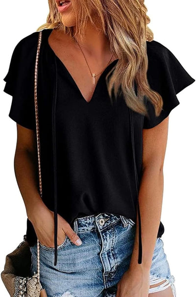 KOEMCY T Shirts for Women V Neck Short Sleeve Blouse Tops Solid Color Loose Shir image 0