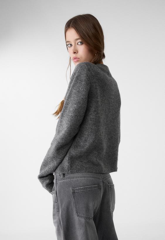 Buttoned knit jacket Dark grey,Round neck knit cardigan with image 3