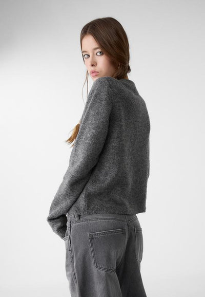 Buttoned knit jacket Dark grey,Round neck knit cardigan with image 3