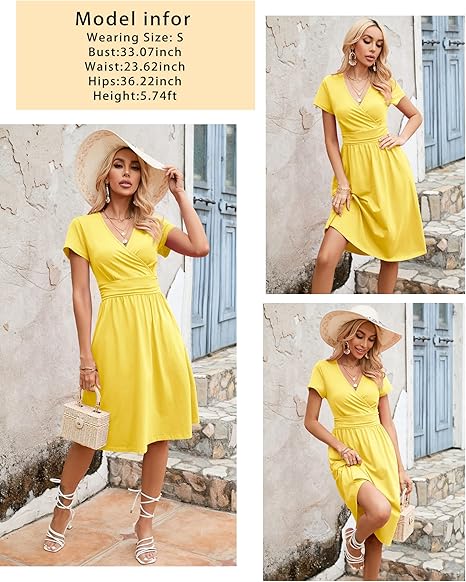 Newshows Women's Summer Short Sleeve Dresses V Neck Floral Print/Solid Faux Wrap Dress Casual Midi Sundress with Pockets