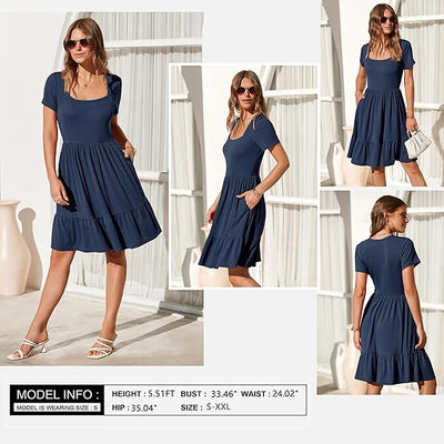 Newshows Summer Dresses for Women UK Square Neck Ladies Short Sleeve Knee Length Sundress with Pockets