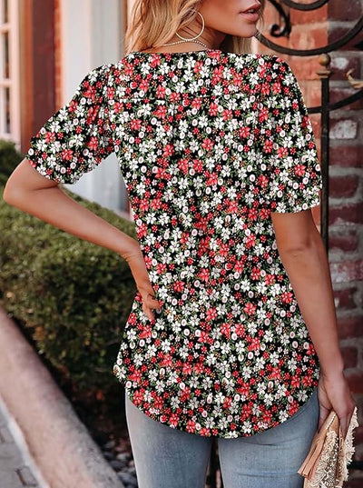 KISSMODA Summer Tunic Tops for Women Short Sleeve Blouses Trendy Casual Pleated Shirts