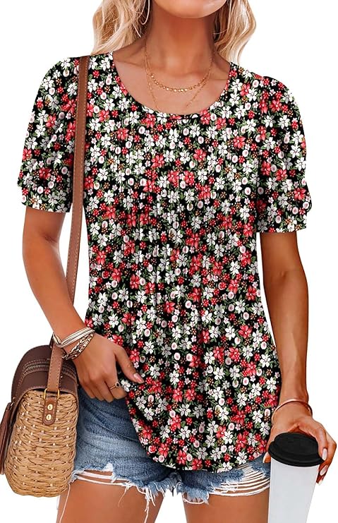 KISSMODA Summer Tunic Tops for Women Short Sleeve Blouses Trendy Casual Pleated Shirts