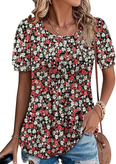 KISSMODA Summer Tunic Tops for Women Short Sleeve Blouses Trendy Casual Pleated Shirts