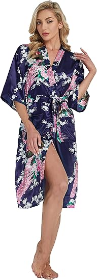 Women's Peacock Kimono Long Bathrobes Dressing Gown Japanese Robe Silk image 0