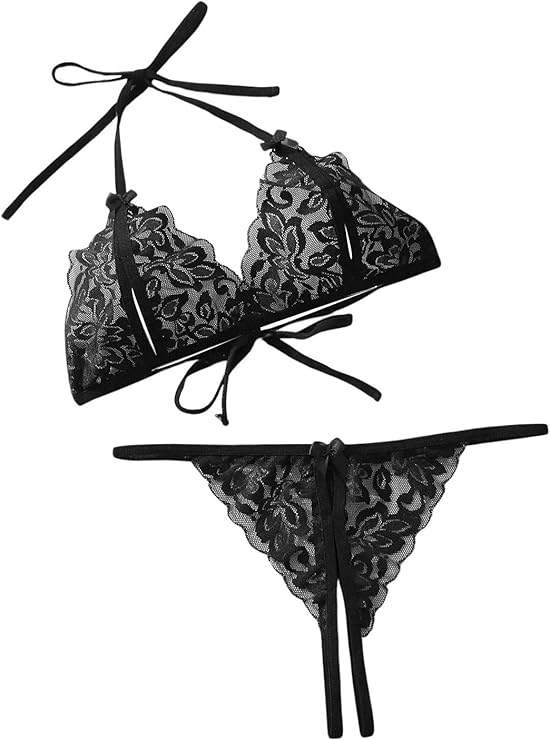 GORGLITTER Women's Lace Halter Bralette and Crotchless Thong Bra and Panty 2 Pie image 2