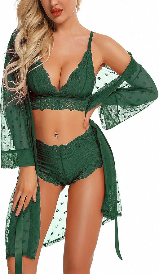 Sexy Lingerie for Women Lace Lingerie Set with Mesh Robe 3 Piece Set Sleepwear N image 1