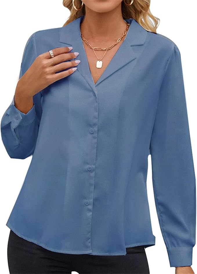 MINTLIMIT Women's Elegant Work Office Blouse Collar V Neck Long Sleeve Button Do image 2