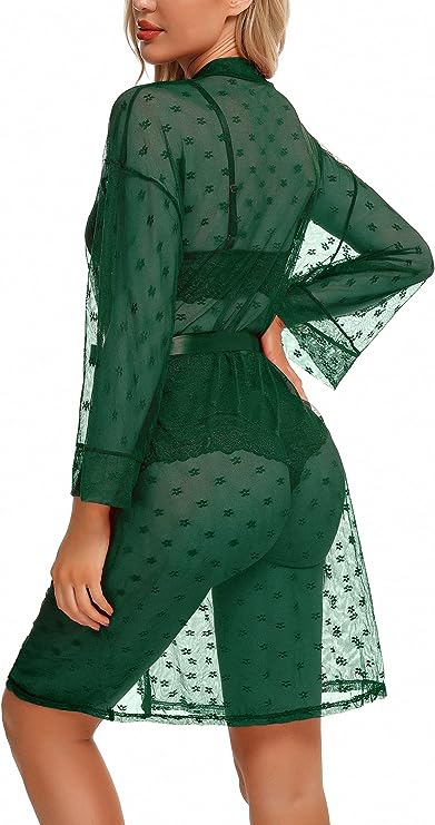 Sexy Lingerie for Women Lace Lingerie Set with Mesh Robe 3 Piece Set Sleepwear N image 3