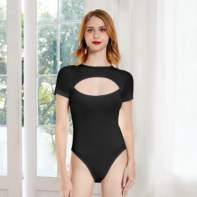 KOEMCY Bodysuit for Women Sexy Cutout Front T Shirt Women's Shaping Bodysuit Sli image 0