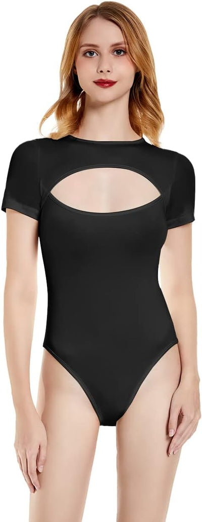 KOEMCY Bodysuit for Women Sexy Cutout Front T Shirt Women's Shaping Bodysuit Sli image 3