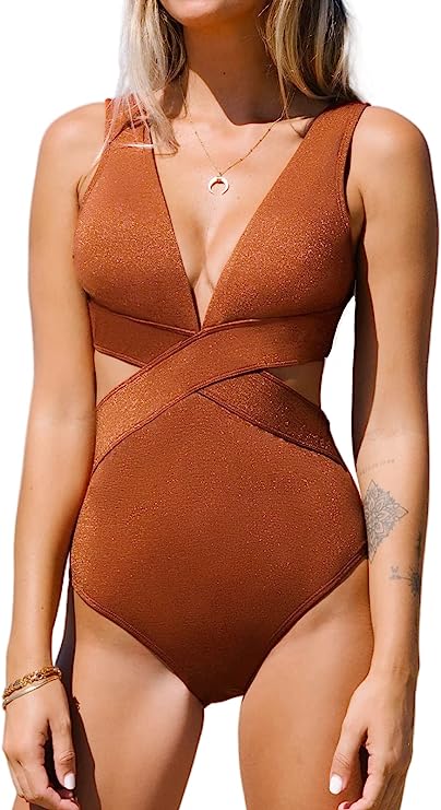 CUPSHE One Piece Swimsuit for Women Halter Bathing Suit V Neck Cutout O Ring Che image 0