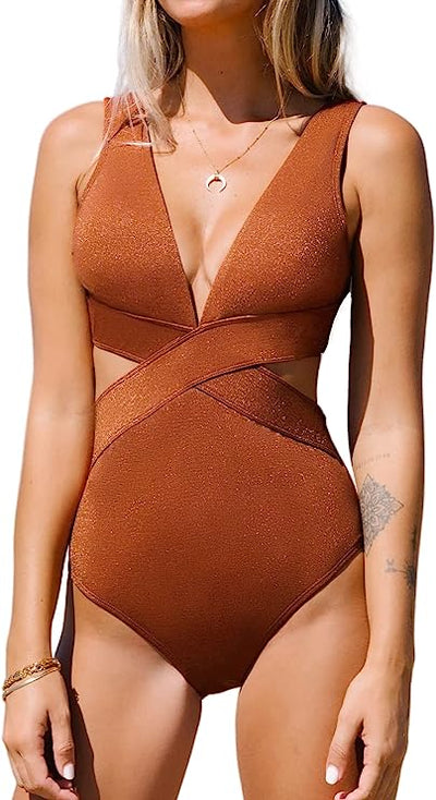 CUPSHE One Piece Swimsuit for Women Halter Bathing Suit V Neck Cutout O Ring Che image 0
