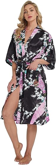 Women's Peacock Kimono Long Bathrobes Dressing Gown Japanese Robe Silk image 3