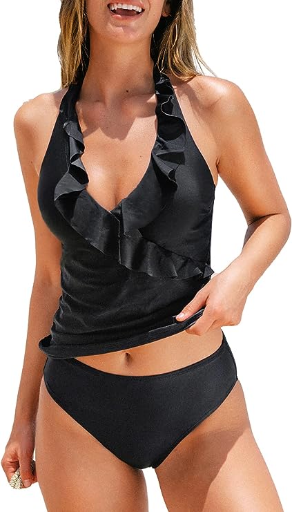 CUPSHE Women Tankini, Black Size 8 image 0