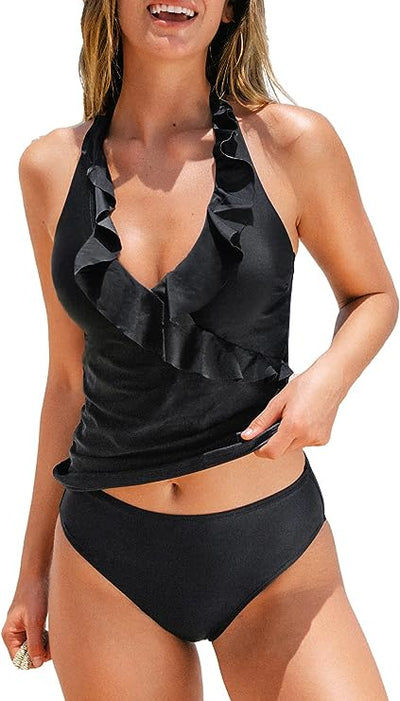 CUPSHE Women Tankini, Black Size 8 image 0