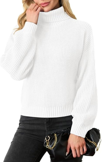 PrinStory Women's Turtleneck Jumpers Lantern Sleeve Cropped Sweater Ribbed Knit image 0