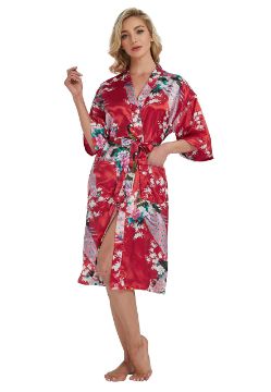 Women's Peacock Kimono Long Bathrobes Dressing Gown Japanese Robe Silk image 2