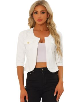 Allegra K Women's Short Denim Jacket Collarless 3/4 Sleeve Jean Jackets image 0