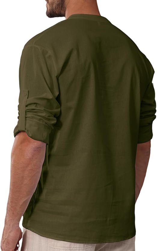 VANVENE Men's Cotton Linen T-Shirt Button Henley Shirt Long Sleeve Casual Beach image 1