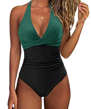 RXRXCOCO Women Cross Push Up Tummy Control One Piece Halter High Waisted Swimmin image 1