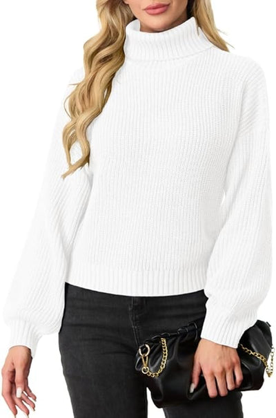 PrinStory Women's Turtleneck Jumpers Lantern Sleeve Cropped Sweater Ribbed Knit image 2