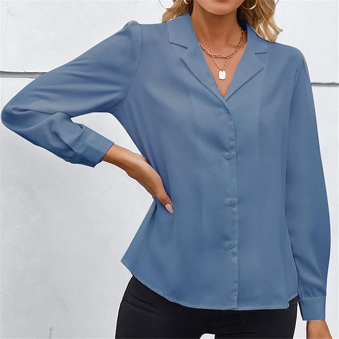 MINTLIMIT Women's Elegant Work Office Blouse Collar V Neck Long Sleeve Button Do image 0